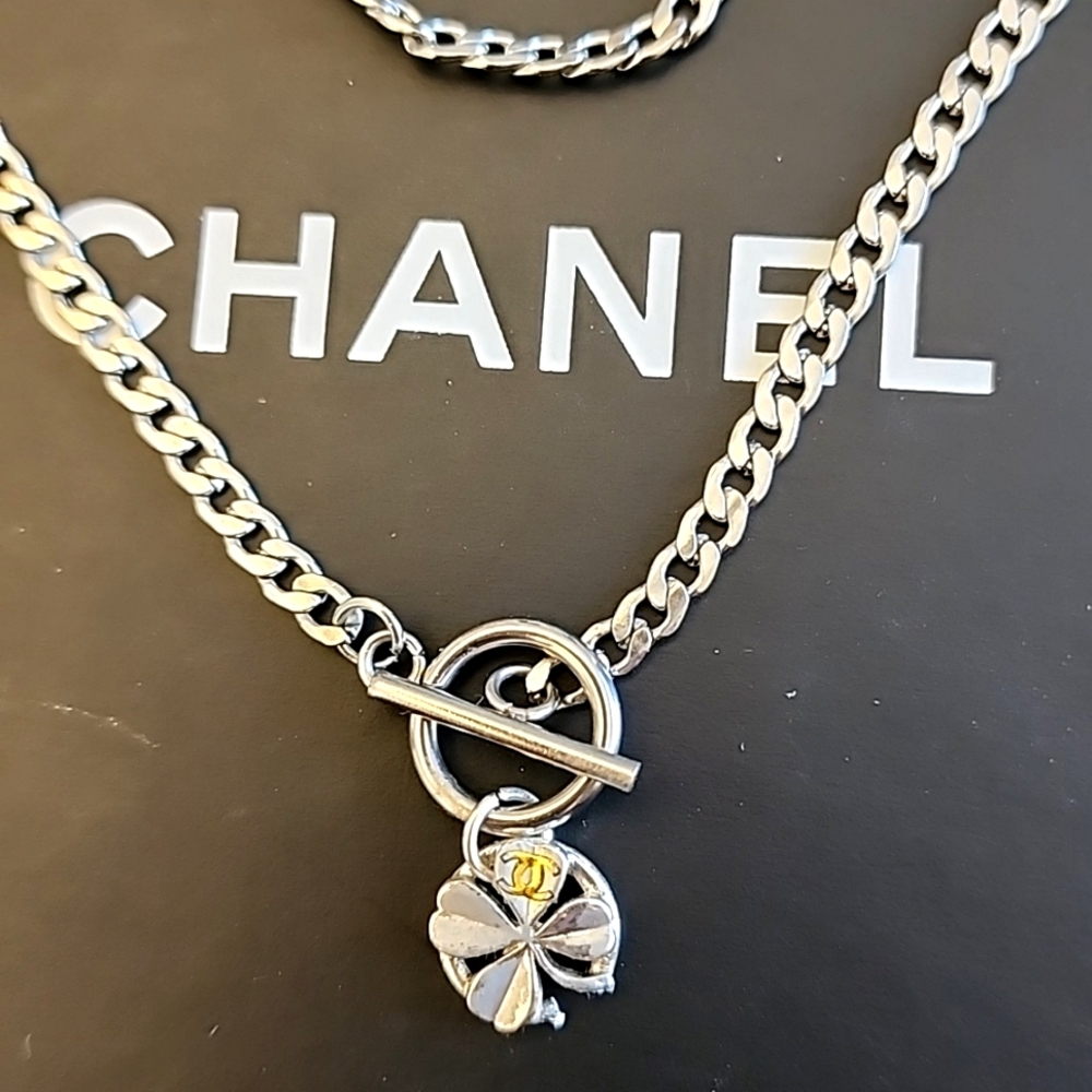 CHANEL Silver-Tone Chain Necklace with Clover Charm and Gold CC Accent